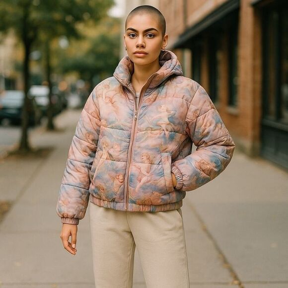 Forever21 Cherub Angel Puffer Jacket All Over Print Renaissance Fantasy | S EUC - Picture 11 of 11